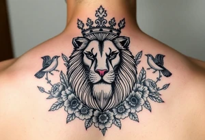 powerful majestic lion with a crown, surrounded by floral ornaments and birds tattoo idea