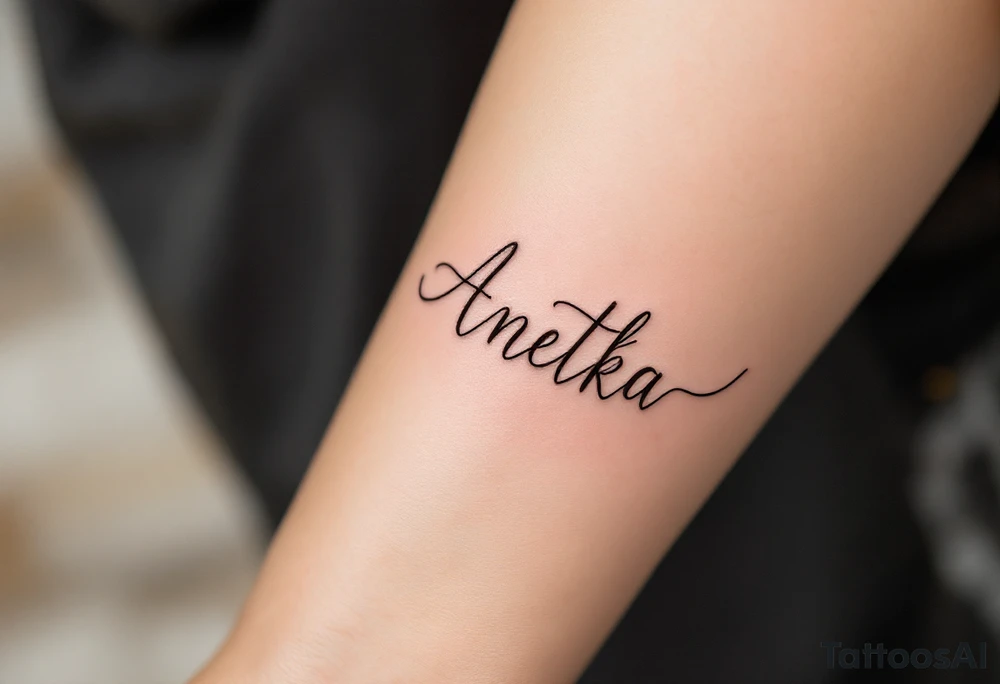 Anetka written on a flowing ribbon, shaded in soft rose gold tones. tattoo idea