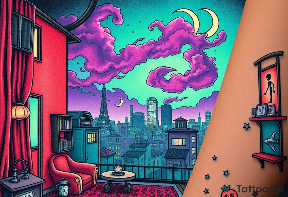 Tim Burton’s haunted pastel Tokyo apartment and dripping with muted reds, dusty pinks, and eerie green glow.purple and cyan smokey clouds swirl in the crescent moonlit sky thats sprinkled with stars tattoo idea tattoo idea