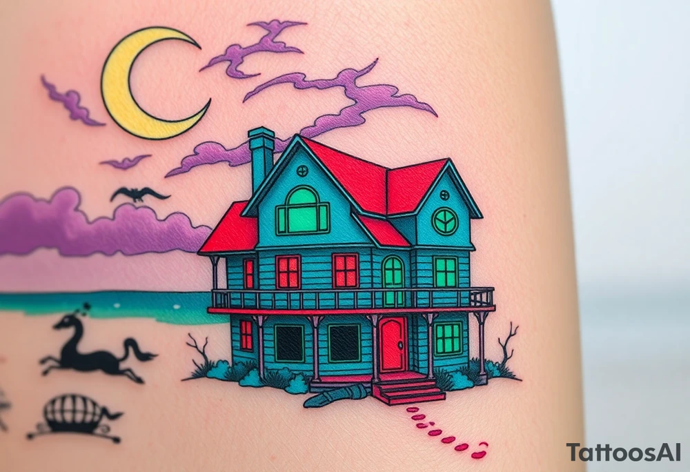 Tim Burton’s haunted pastel beach home is abandoned and dripping with muted reds, dusty pinks, and eerie green glow.purple and cyan smokey clouds swirl in the crescent moonlit sky thats sprinkled with stars tattoo idea tattoo idea