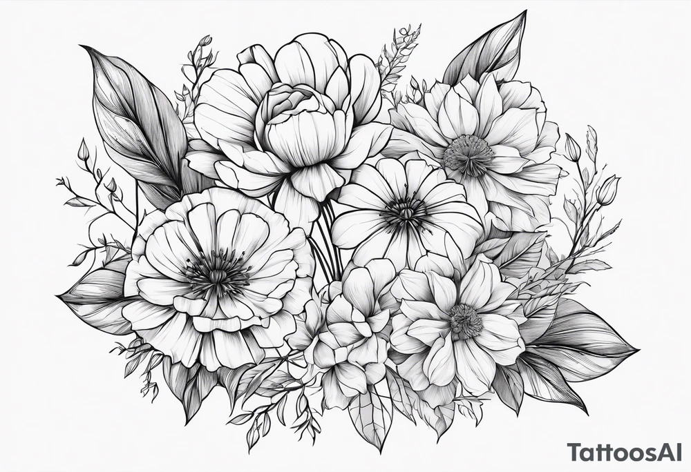 line floral 3 dandelions 1 rose tattoo idea