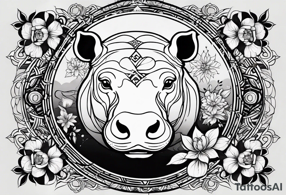Very asymmetrical, +geometric pattern, with realistic full moon, with seeious looking hippo, +zen feel, + Buddhism touch, +tribal, +geometric
with wintersweet flower bud, +portrait orientation, +inkart touch, tattoo idea