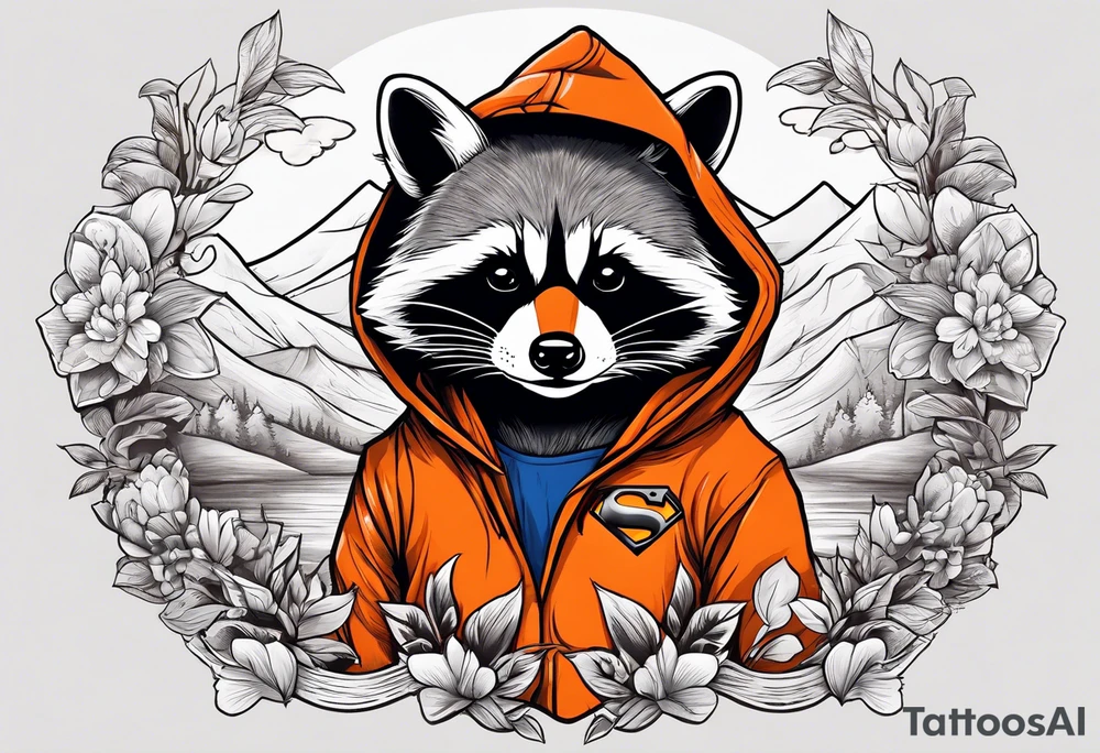 Raccoon wearing an orange Superman hoodie tattoo idea