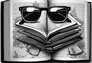 both objects floating 
open hard back book. large round glasses
reading it tattoo idea