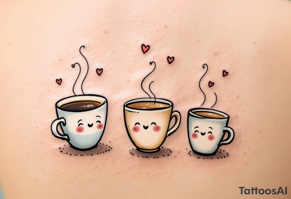 A trio of coffee cups—one espresso, one cappuccino, one latte, smiling at each other with tiny steam hearts floating above them. tattoo idea