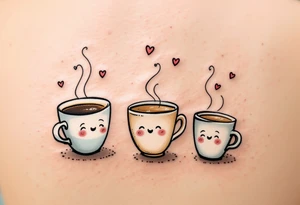 A trio of coffee cups—one espresso, one cappuccino, one latte, smiling at each other with tiny steam hearts floating above them. tattoo idea