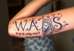 W.A.Y.S spelled out with why aren’t you smiling under neath it with hearts with 444 and a lion tattoo idea