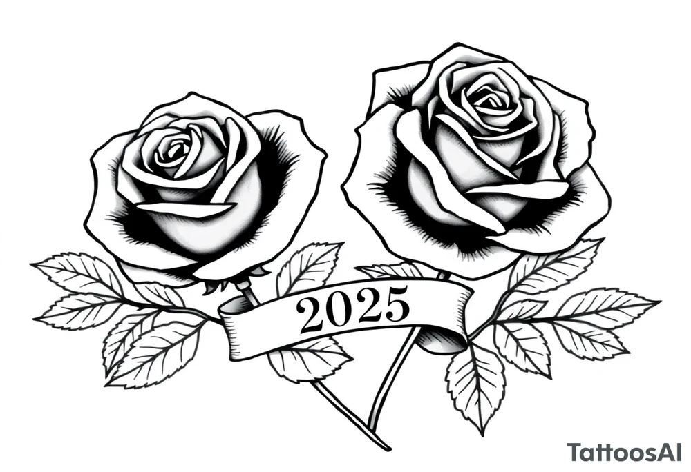 two beautiful large rose buds, one larger than the other, with many leaves next to the rose buds, with one sitting slightly higher than the other, side-by-side.  Include a banner connecting the two roses with the year 2025 on it.   Use dark outlines with little shading. No stems tattoo idea