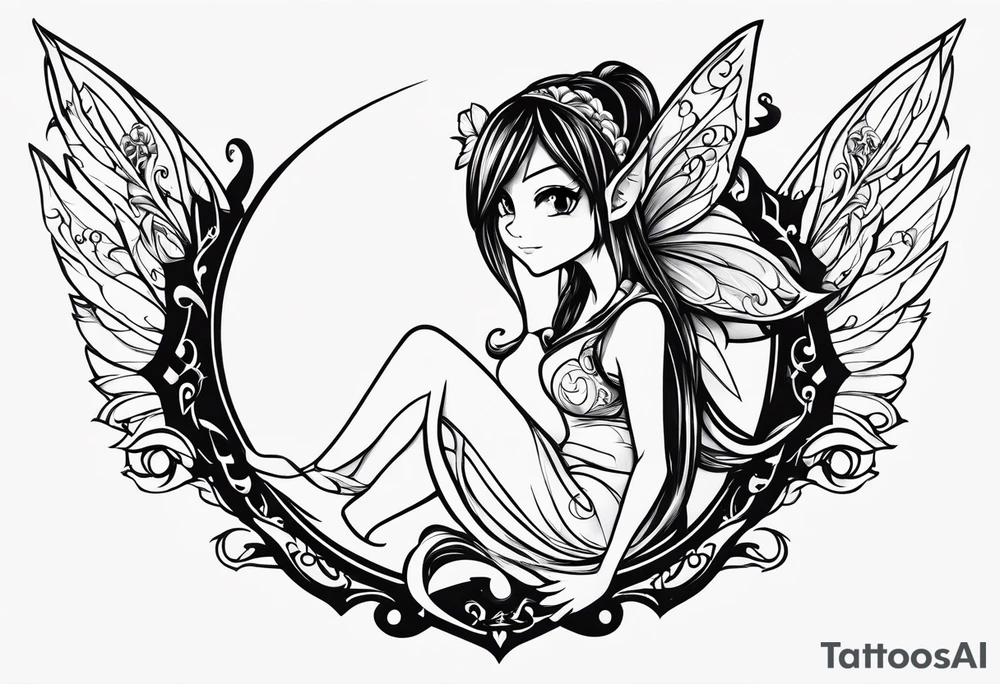 A fairy with a tail inspired by the logo of the show called Fairy Tail in a fetal position leaning in tattoo idea