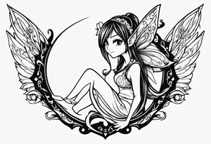 A fairy with a tail inspired by the logo of the show called Fairy Tail in a fetal position leaning in tattoo idea