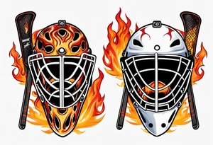 goalie mask with crossed hockey sticks and flames that says "SHOT HOCKEY" tattoo idea