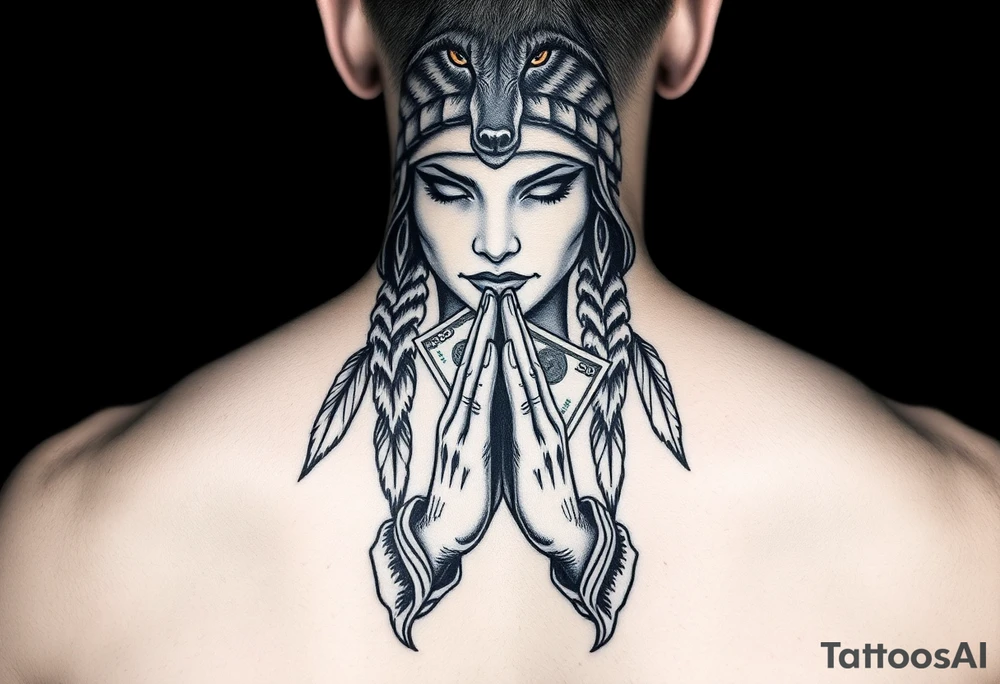 Female indian with wolf headress praying hands 100dollar bills tattoo idea