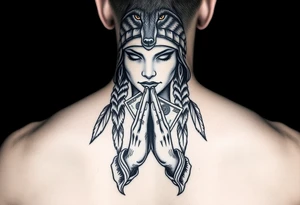 Female indian with wolf headress praying hands 100dollar bills tattoo idea