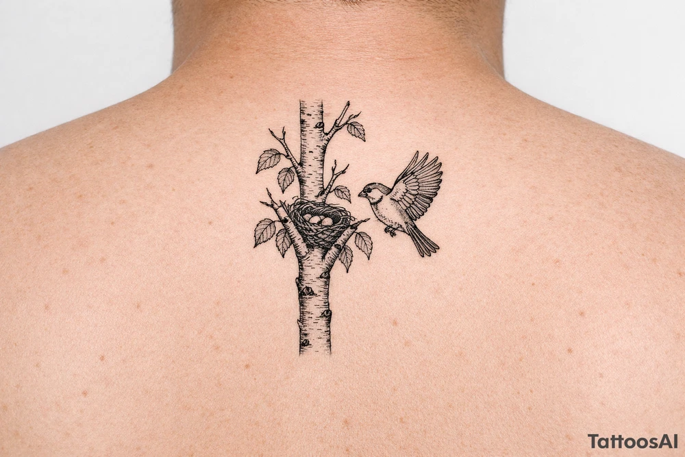 Minimalist fine-line tattoo design on a pure white background. A single clean silver birch branch extending vertically with natural, simple offshoots. Small birch leaves. A small, simple bird nest tucked quietly into the main branch fork, partially hidden by leaves. A single detailed common sparrow flying gracefully near the branch. Clean black linework, subtle stippling, simple composition, no intersecting line errors, no floating branches, isolated on white background tattoo idea