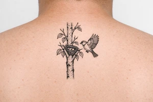 Minimalist fine-line tattoo design on a pure white background. A single clean silver birch branch extending vertically with natural, simple offshoots. Small birch leaves. A small, simple bird nest tucked quietly into the main branch fork, partially hidden by leaves. A single detailed common sparrow flying gracefully near the branch. Clean black linework, subtle stippling, simple composition, no intersecting line errors, no floating branches, isolated on white background tattoo idea