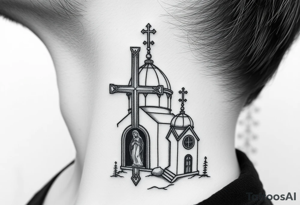 russian design  traditional christian orthodox cross with a virgin mary stood beside the entrance of a russian orthodox dome church on the side of the neck in a wilderness setting tattoo idea