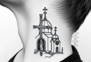 russian design  traditional christian orthodox cross with a virgin mary stood beside the entrance of a russian orthodox dome church on the side of the neck in a wilderness setting tattoo idea