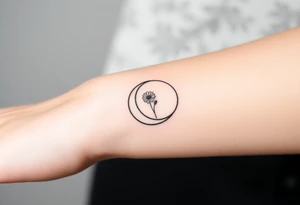 Small black and white tattoo waxing crescent moon with small Daisy birth flower and tiny Leo gliph tattoo idea