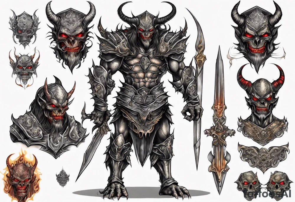 Demon in tiered thin plate armor tattoo idea