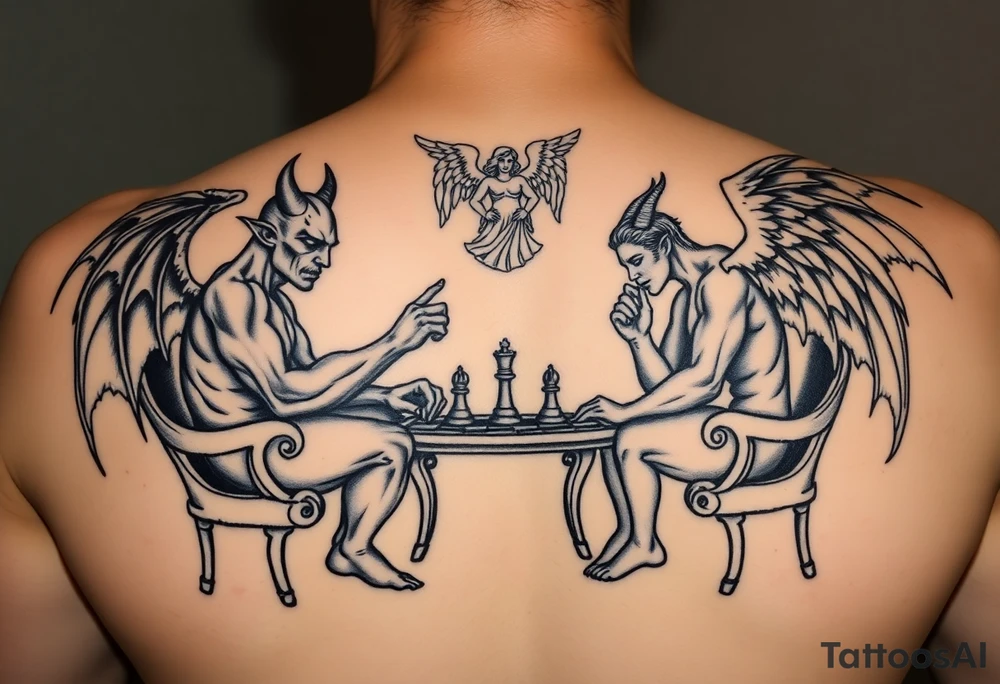devil and angel playing chess in black. Make them seem like people and not animals. Sitting on chairs with an angel watching tattoo idea