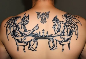 devil and angel playing chess in black. Make them seem like people and not animals. Sitting on chairs with an angel watching tattoo idea
