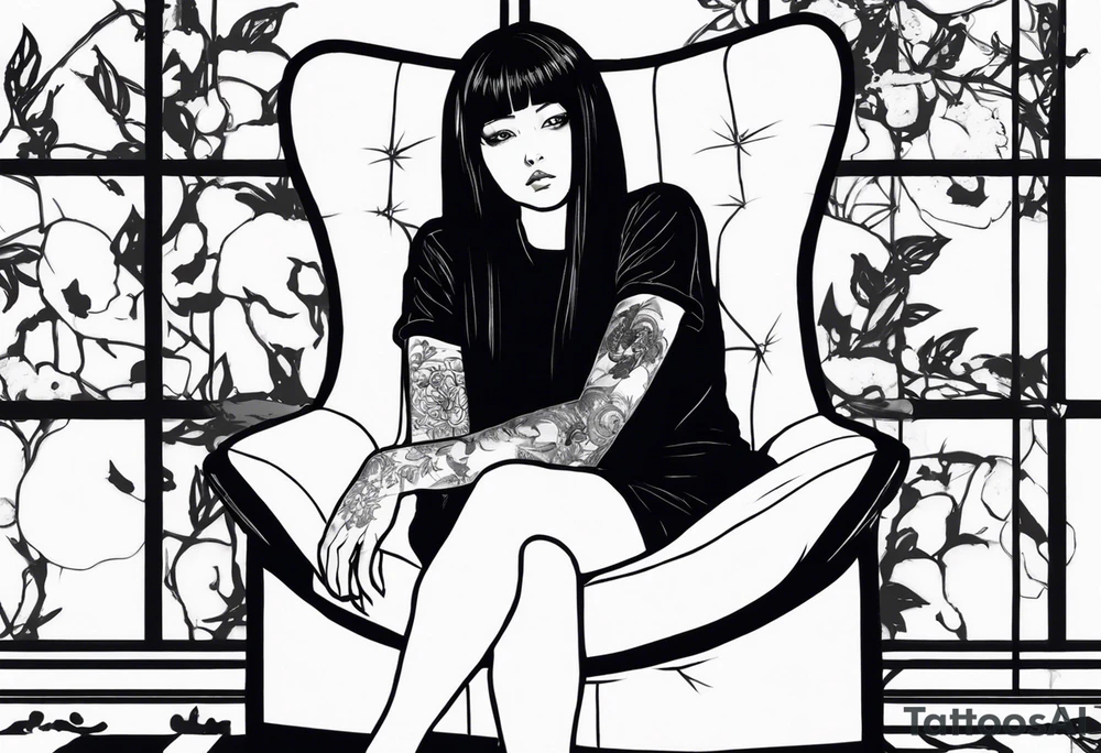 Portrait of tomie sitting on a chair. Tomie is a character of the autor junji ito
Add some blood marks around tattoo idea