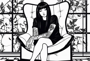 Portrait of tomie sitting on a chair. Tomie is a character of the autor junji ito
 Add some blood marks around tattoo idea