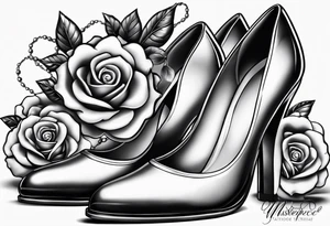 Pearl necklace wrapped around 1950s pinup pumps with roses surrounding tattoo idea