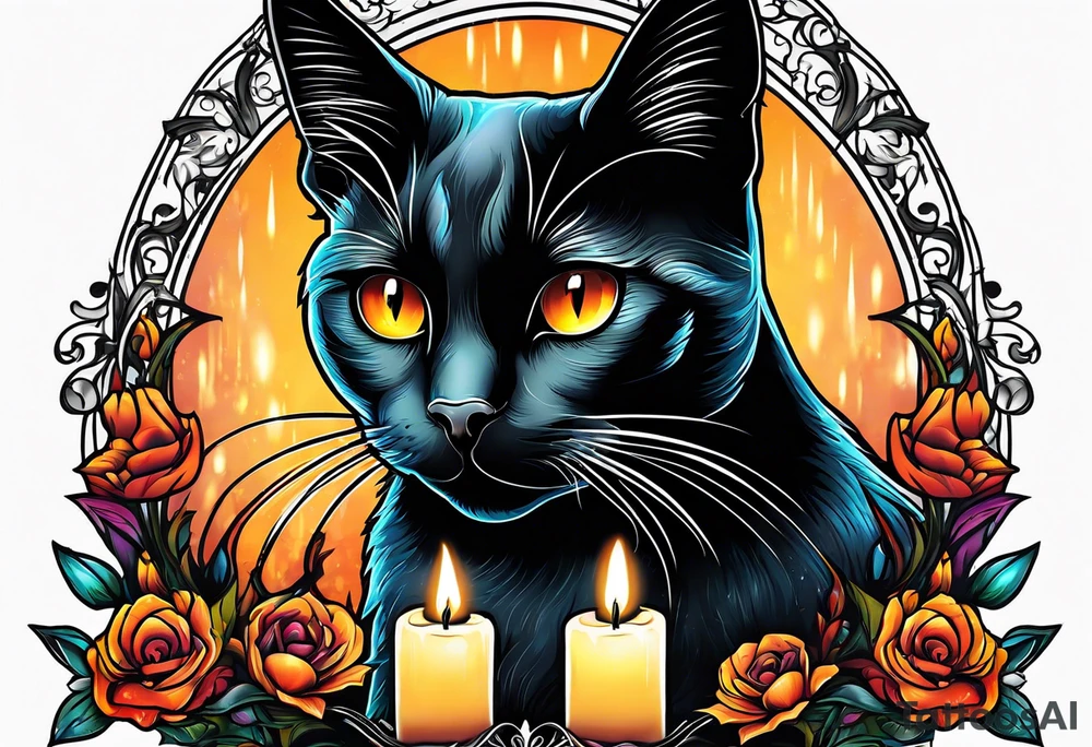 Black cat with candle burning tattoo idea
