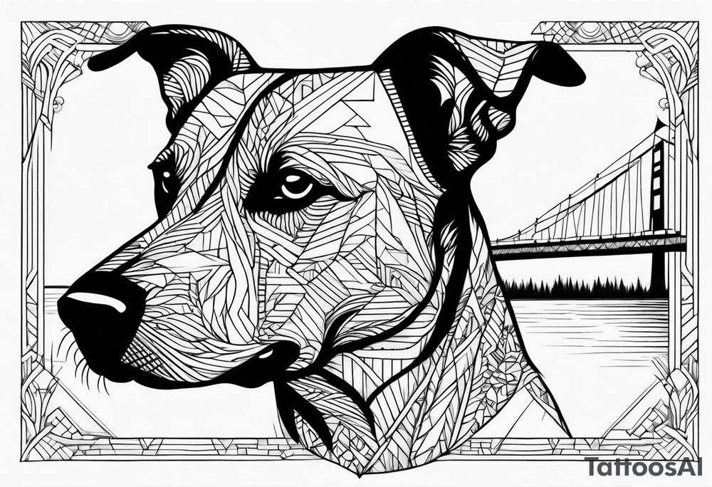 Dog head shape outline with  river amd bridge view tattoo idea