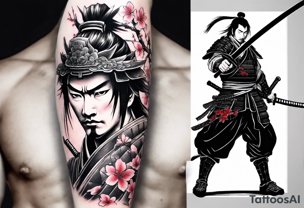 samurai with sword in blood, in armor, for a forearm
Should contains sakura leaves 
The tatoo should show i have dedication, respect and inner strength, and I try to become better everyday tattoo idea