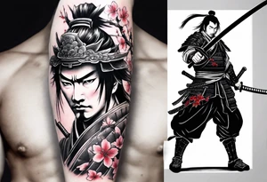 samurai with sword in blood, in armor, for a forearm
Should contains sakura leaves 
The tatoo should show i have dedication, respect and inner strength, and I try to become better everyday tattoo idea
