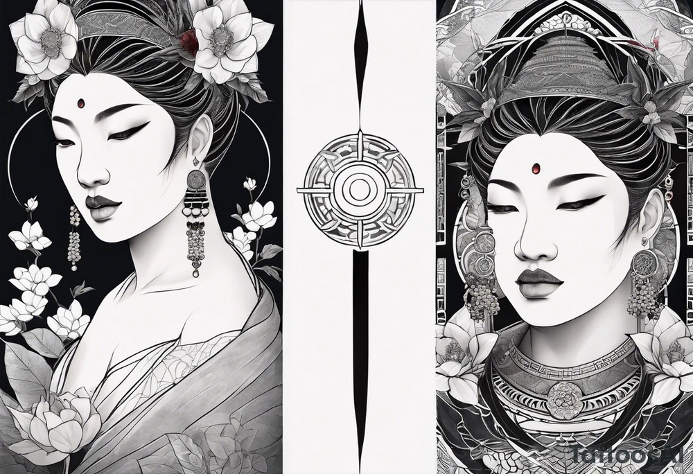 Very asymmetrical, +geometric pattern, with realistic full moon, with hippo at side look, +zen feel, + Buddhism touch, +tribal, +geometric, +inkart , +blackwork
with wintersweet flower bud, +portrait orientation, +inkart touch, tattoo idea