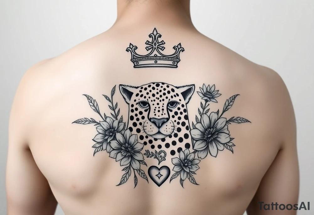 Damian, with crown, cheetah print , flowers and hearts tattoo idea