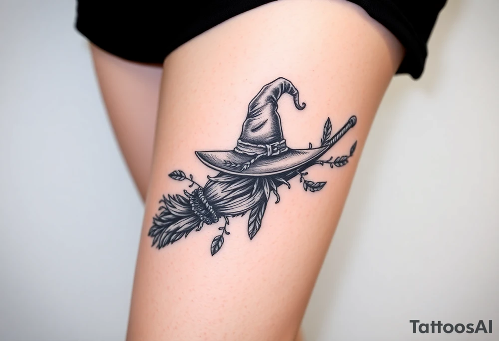 Which is broom with handle
 a witches hat with vines and feathers 
Smaller broom with hat placed on top or in the middle
Feminine and on a leg tattoo idea