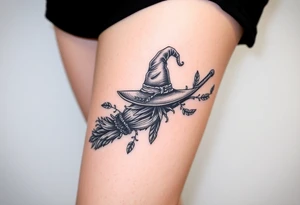 Which is broom with handle
 a witches hat with vines and feathers 
Smaller broom with hat placed on top or in the middle
Feminine and on a leg tattoo idea
