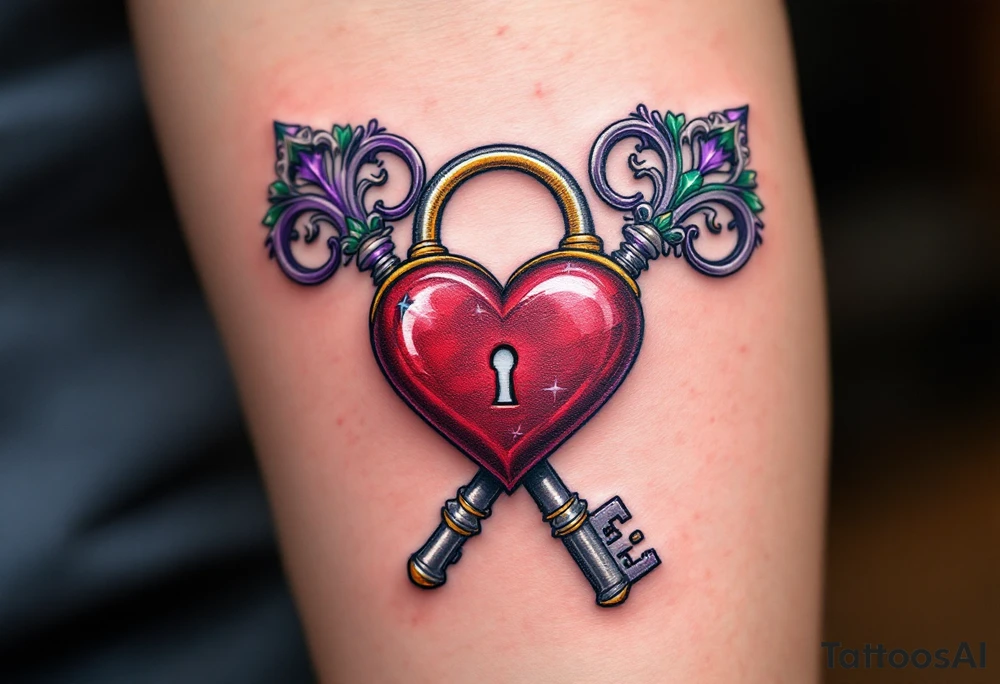 Two crossed keys placed above a large heart-shaped lock, each key featuring different ornamental details, like crowns or intricate scrolls. Silver for the keys with touches of royal purple and emerald green for ornamental accents, and a ruby-red lock. tattoo idea