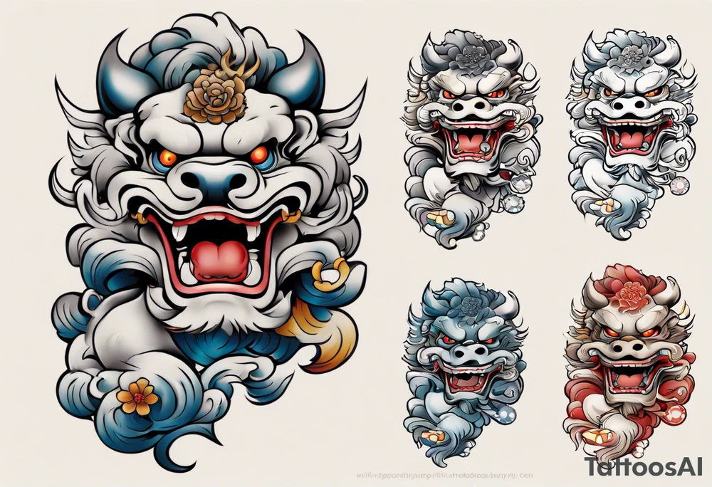 Foo dog left leg sleeve tattoo idea