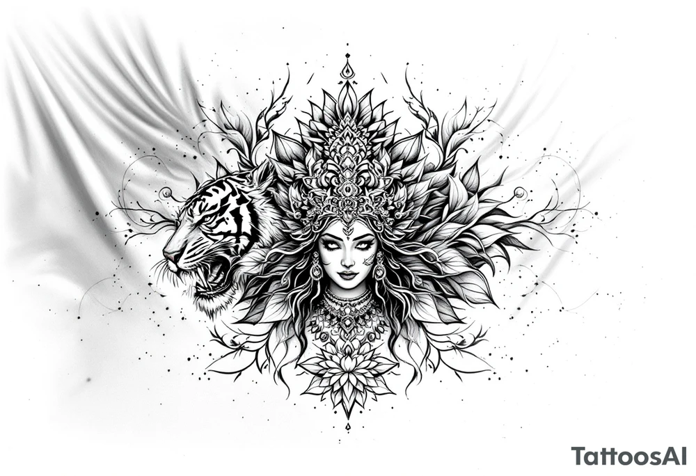 Durga goddess tiger lotus chakras mandala tattoo idea