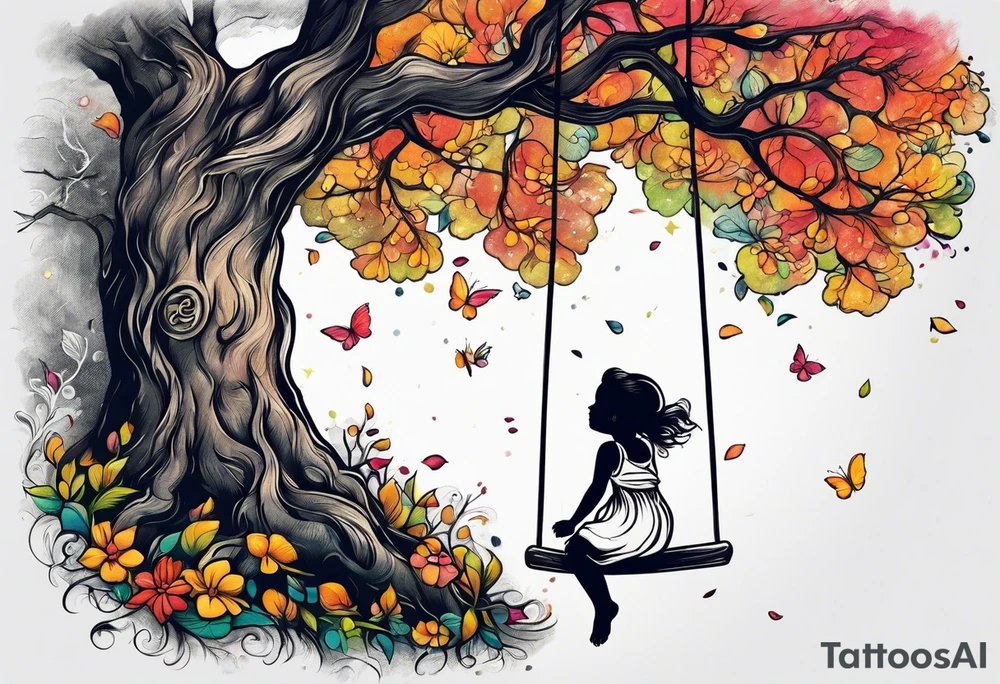 little girl swinging under a tree of life tattoo idea