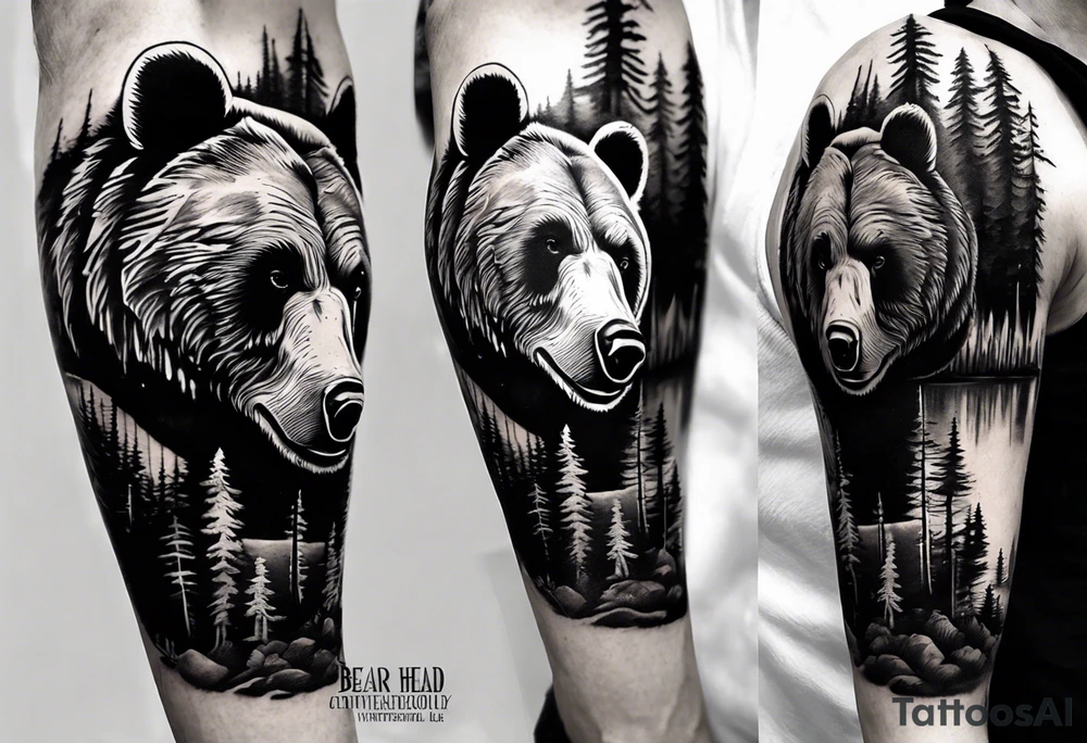 bear head right above the forest line with a lake below, full sleeve tattoo tattoo idea