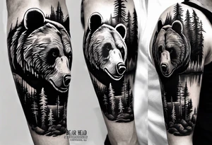 bear head right above the forest line with a lake below, full sleeve tattoo tattoo idea