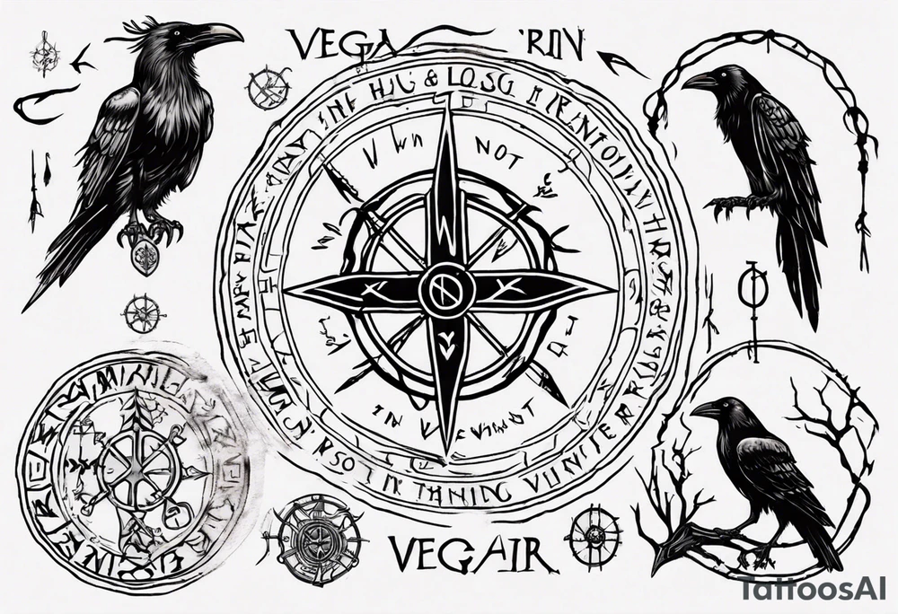 vegvisir with all who wander are not lost in runes around it and two ravens tattoo idea