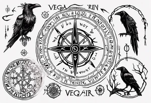 vegvisir with all who wander are not lost in runes around it and two ravens tattoo idea