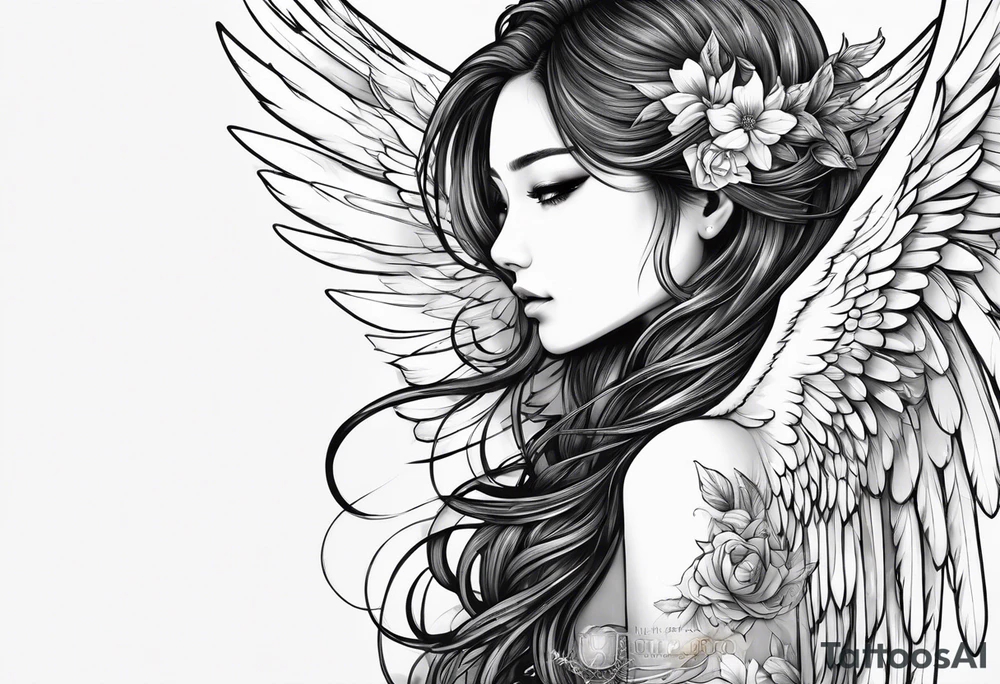 girl angel side profile, with wings, with floating halo,
whispering tattoo idea