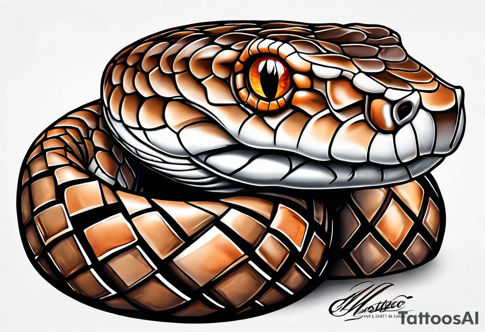 Copperhead coiled up with head turned up and mouth open and copper colored eyes tattoo idea