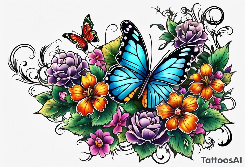 A vine that is rapping around and butterflies and flowers tattoo idea