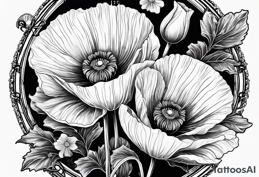 Poppy flowers with the date 1/15/22 in Roman numerals tattoo idea