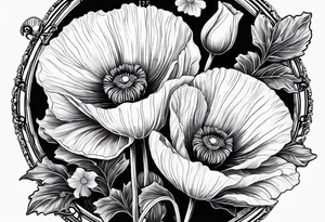 Poppy flowers with the date 1/15/22 in Roman numerals tattoo idea