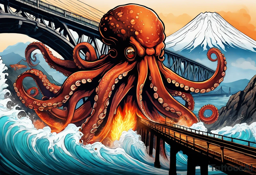 Octopus attacking a bridge with volcano in background erupting tattoo idea